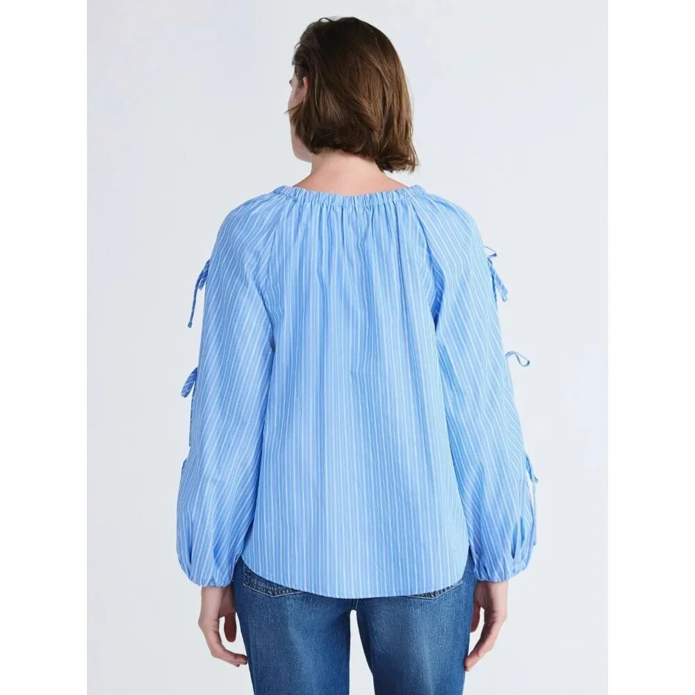 Free Assembly Women's Gathered Neck Cotton Top, Long Tie Sleeve, Size L (12-14) - Picture 3 of 4